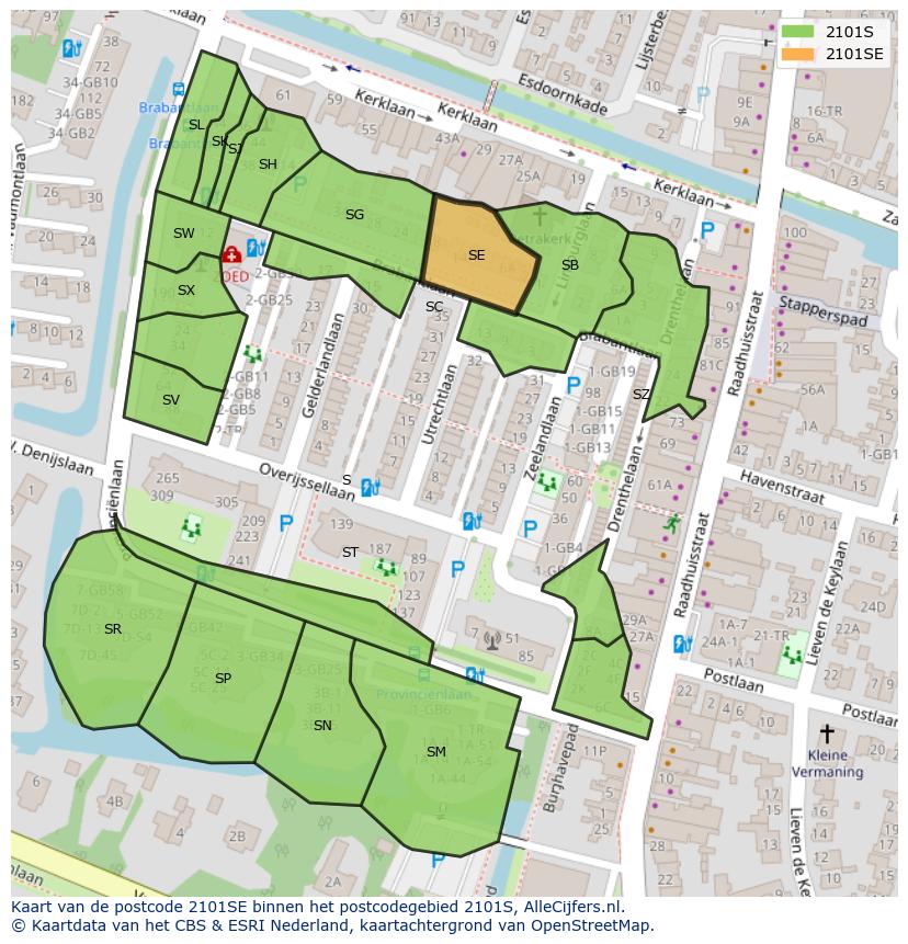 Afbeelding van het postcodegebied 2101 SE op de kaart.