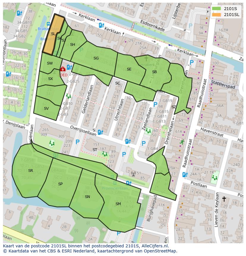 Afbeelding van het postcodegebied 2101 SL op de kaart.