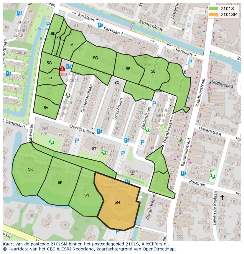 Afbeelding van het postcodegebied 2101 SM op de kaart.