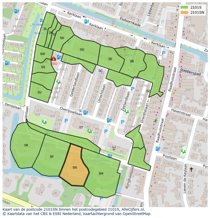Afbeelding van het postcodegebied 2101 SN op de kaart.