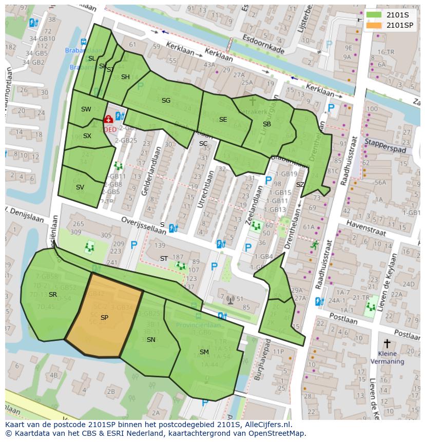 Afbeelding van het postcodegebied 2101 SP op de kaart.