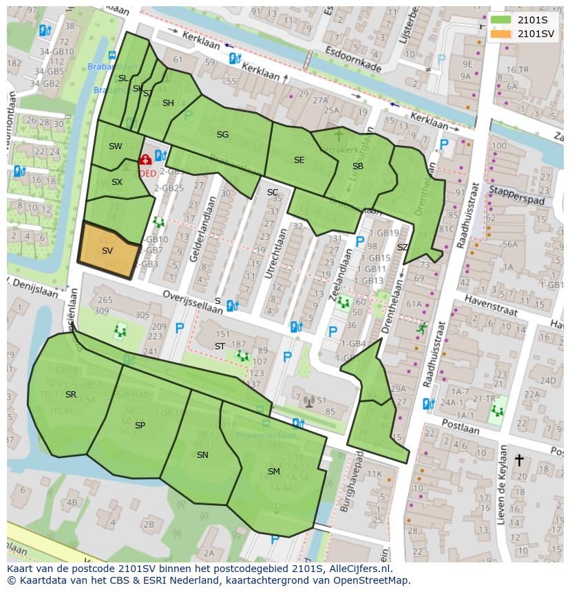 Afbeelding van het postcodegebied 2101 SV op de kaart.