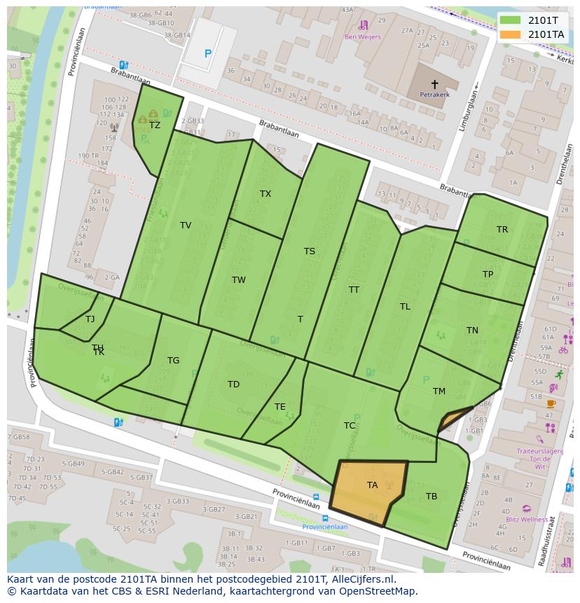 Afbeelding van het postcodegebied 2101 TA op de kaart.