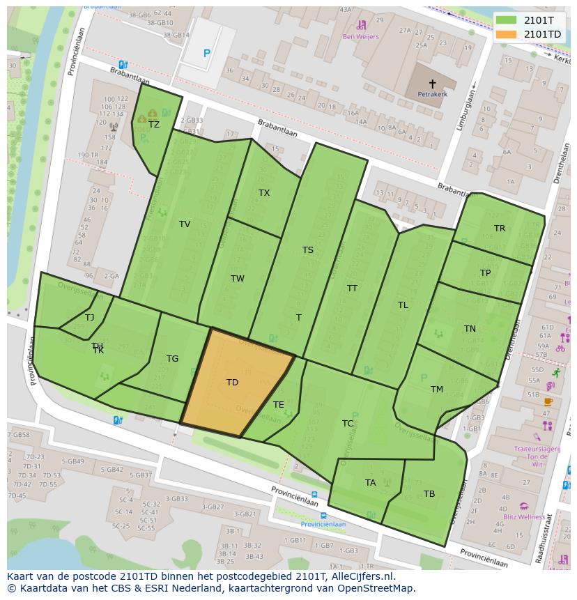 Afbeelding van het postcodegebied 2101 TD op de kaart.
