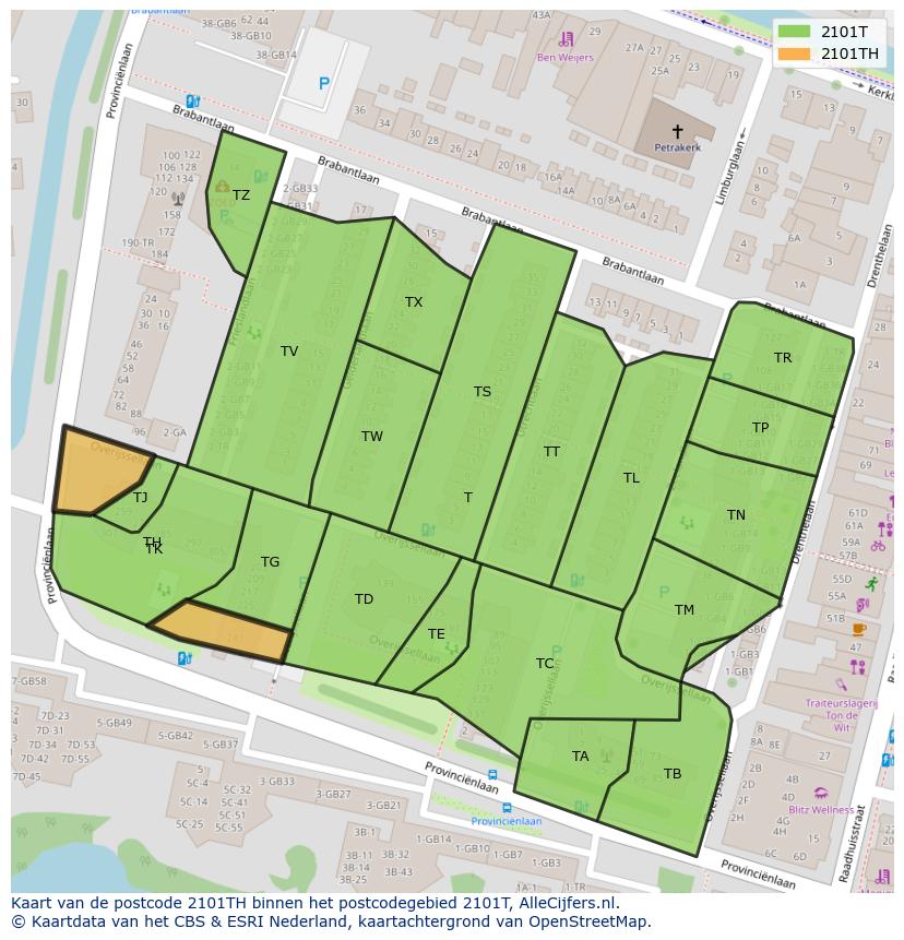 Afbeelding van het postcodegebied 2101 TH op de kaart.