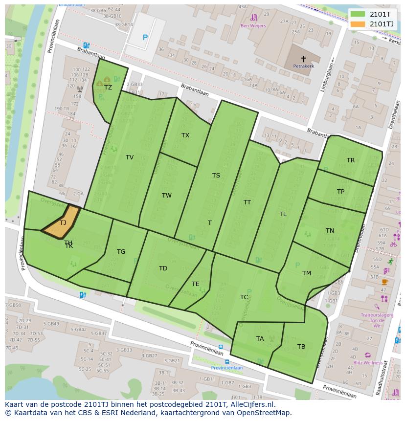 Afbeelding van het postcodegebied 2101 TJ op de kaart.