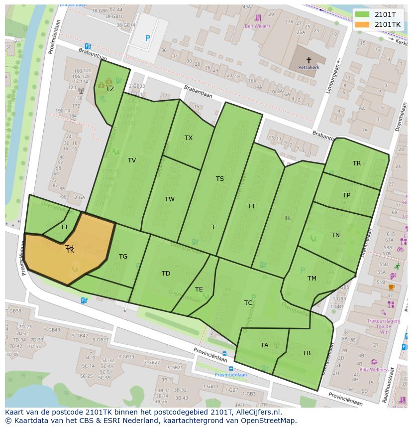 Afbeelding van het postcodegebied 2101 TK op de kaart.