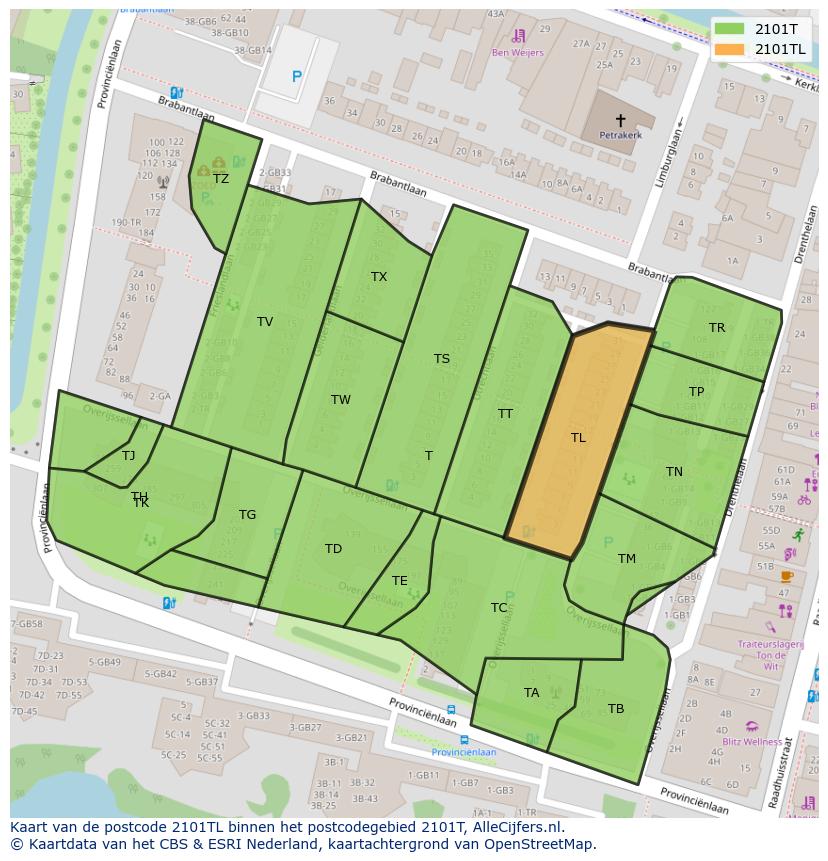 Afbeelding van het postcodegebied 2101 TL op de kaart.