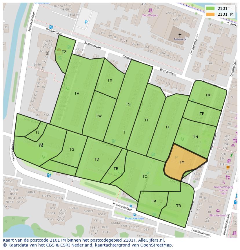 Afbeelding van het postcodegebied 2101 TM op de kaart.
