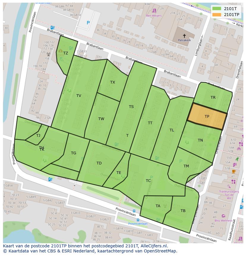 Afbeelding van het postcodegebied 2101 TP op de kaart.