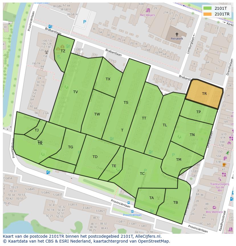Afbeelding van het postcodegebied 2101 TR op de kaart.