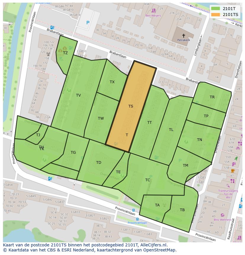 Afbeelding van het postcodegebied 2101 TS op de kaart.
