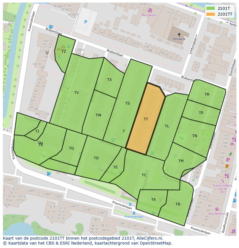 Afbeelding van het postcodegebied 2101 TT op de kaart.