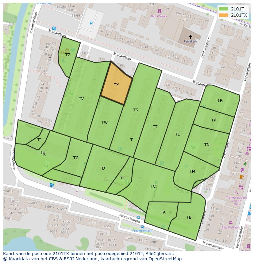 Afbeelding van het postcodegebied 2101 TX op de kaart.