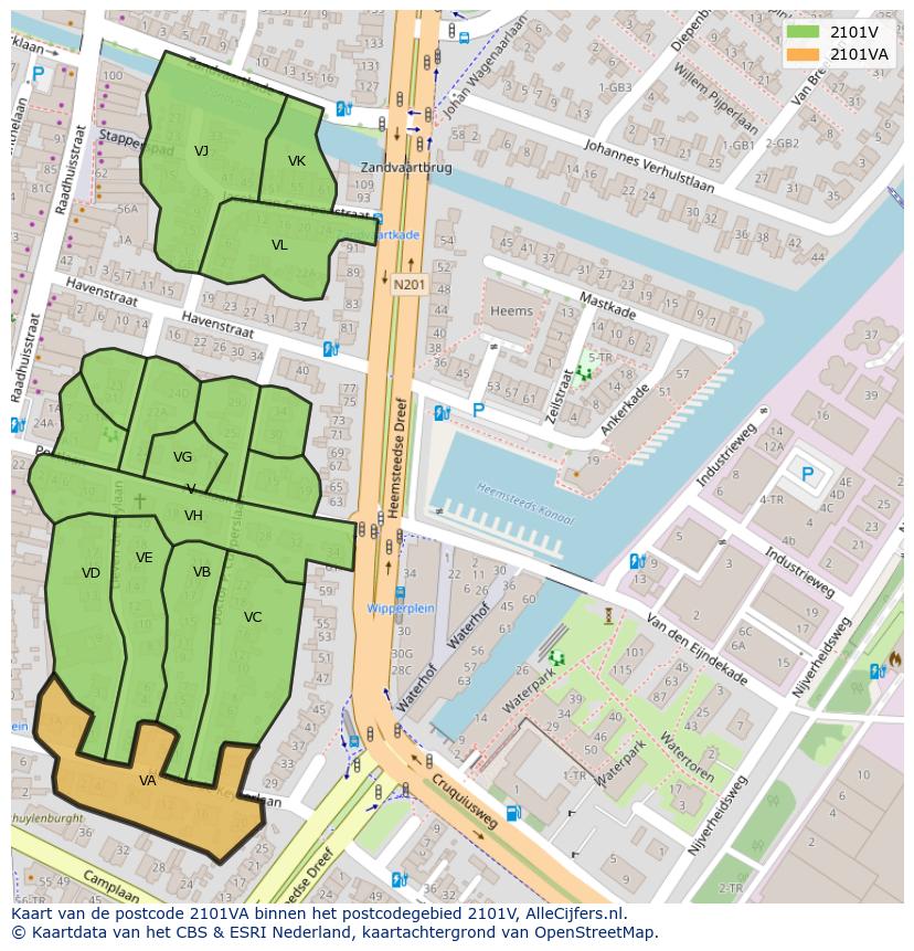 Afbeelding van het postcodegebied 2101 VA op de kaart.