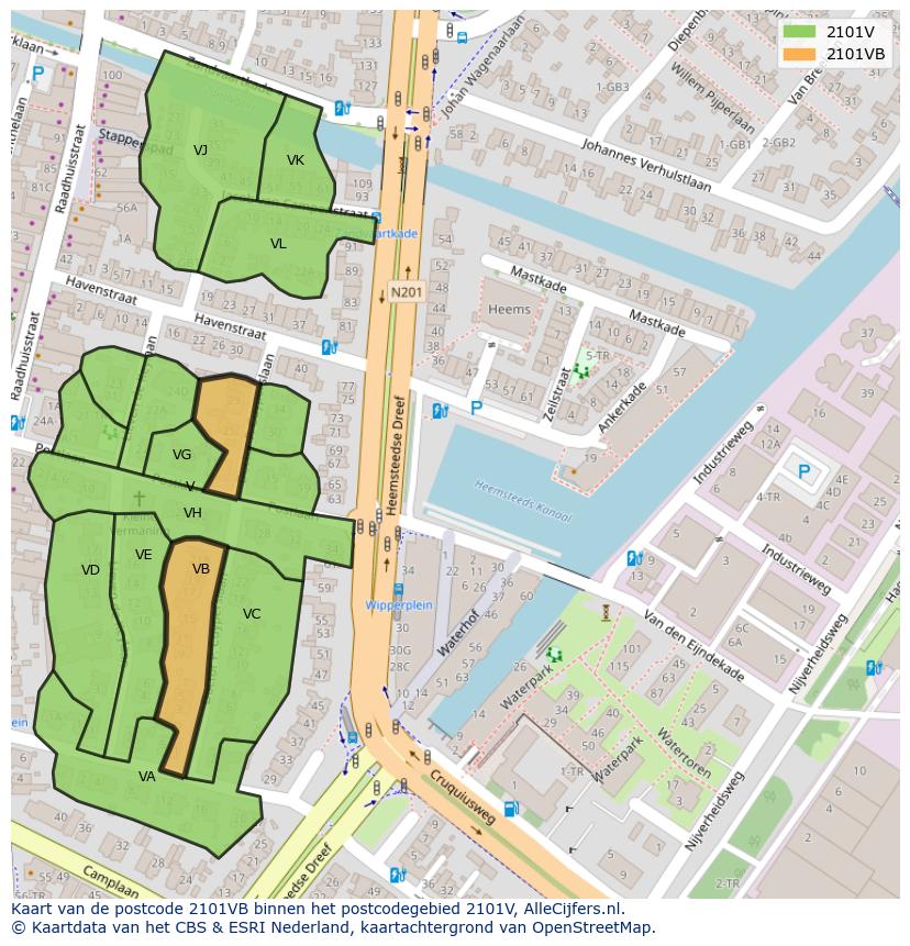 Afbeelding van het postcodegebied 2101 VB op de kaart.