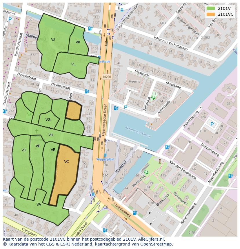 Afbeelding van het postcodegebied 2101 VC op de kaart.