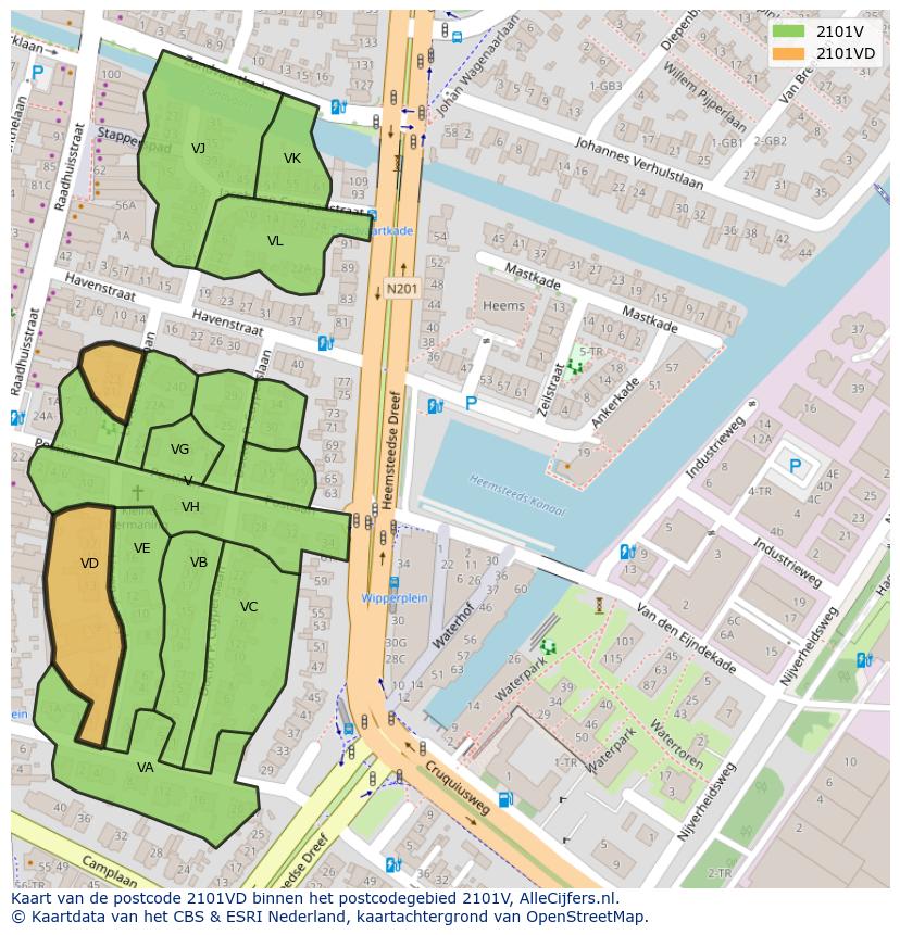 Afbeelding van het postcodegebied 2101 VD op de kaart.