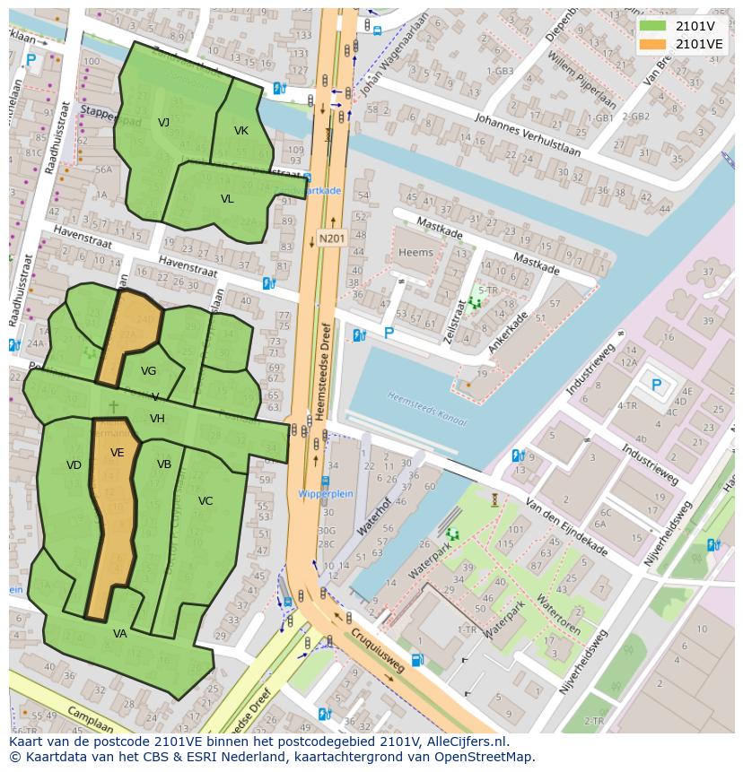 Afbeelding van het postcodegebied 2101 VE op de kaart.
