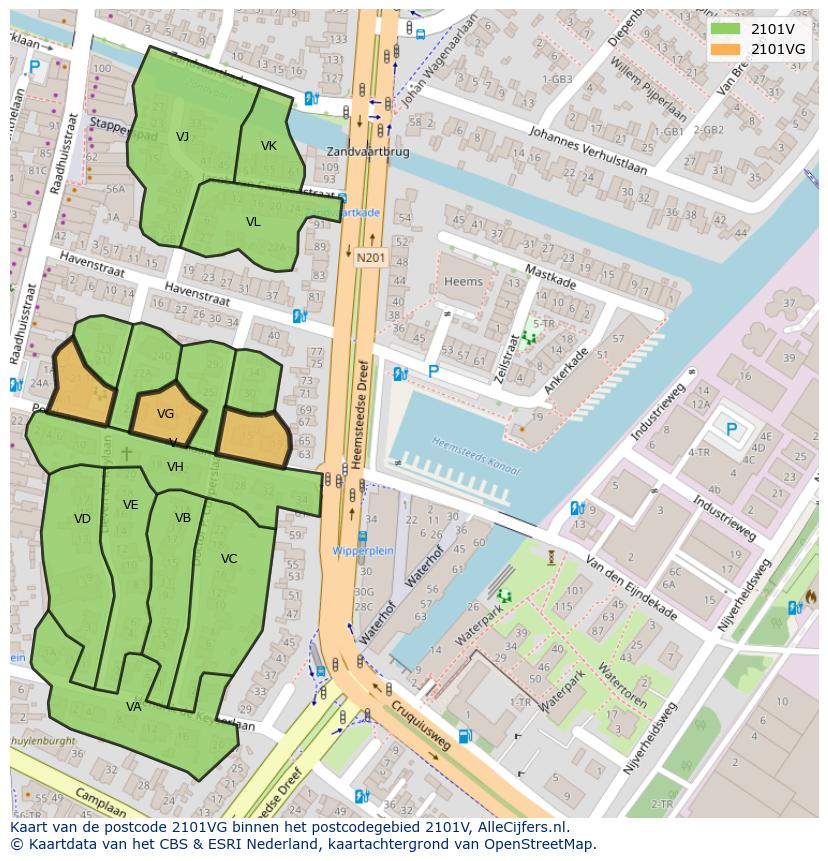 Afbeelding van het postcodegebied 2101 VG op de kaart.