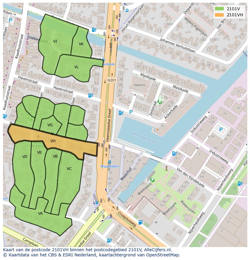 Afbeelding van het postcodegebied 2101 VH op de kaart.