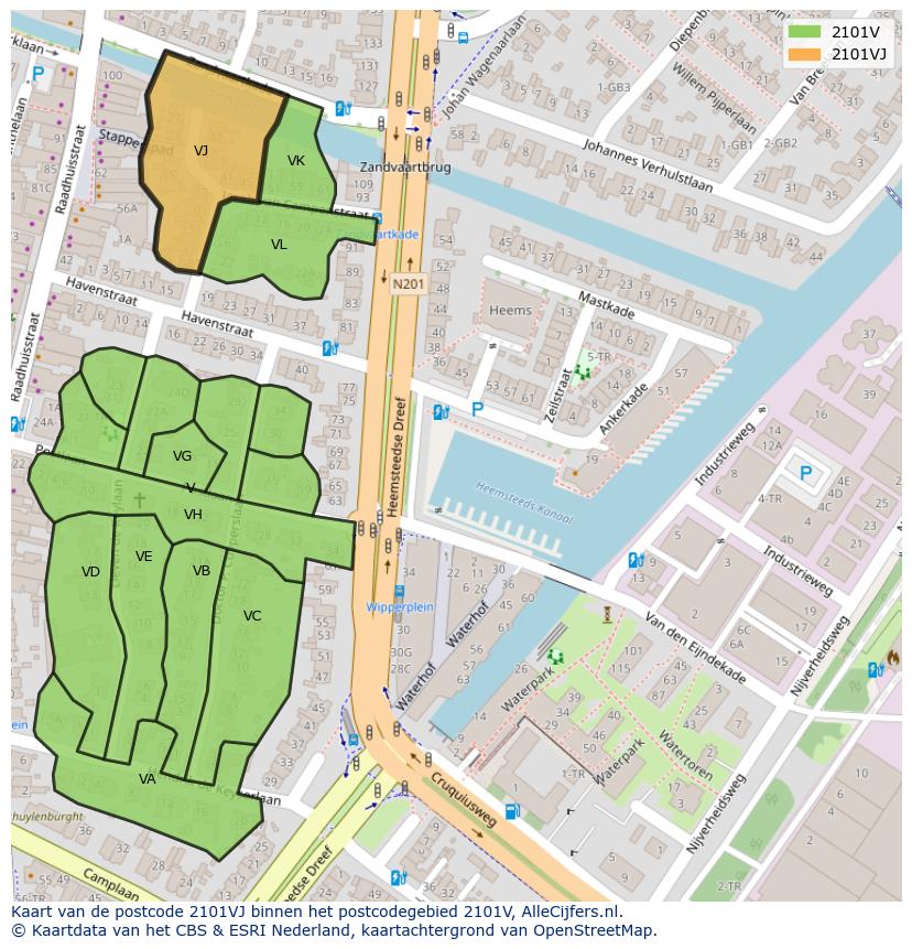 Afbeelding van het postcodegebied 2101 VJ op de kaart.