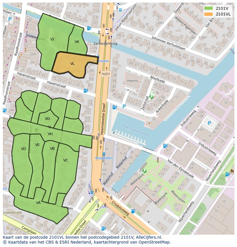 Afbeelding van het postcodegebied 2101 VL op de kaart.