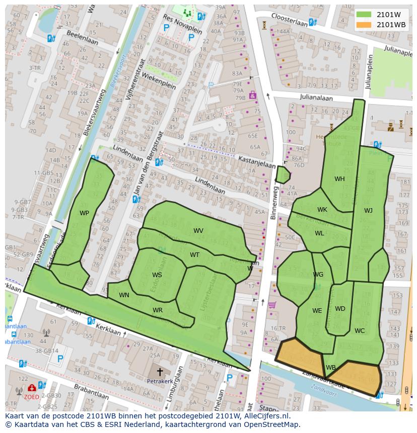 Afbeelding van het postcodegebied 2101 WB op de kaart.