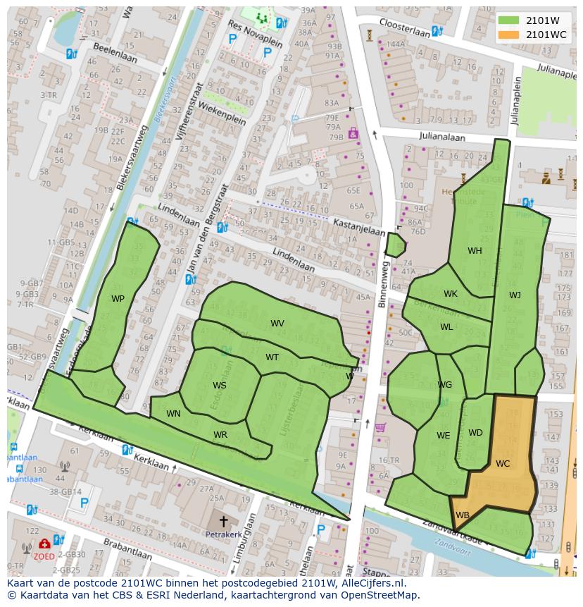 Afbeelding van het postcodegebied 2101 WC op de kaart.