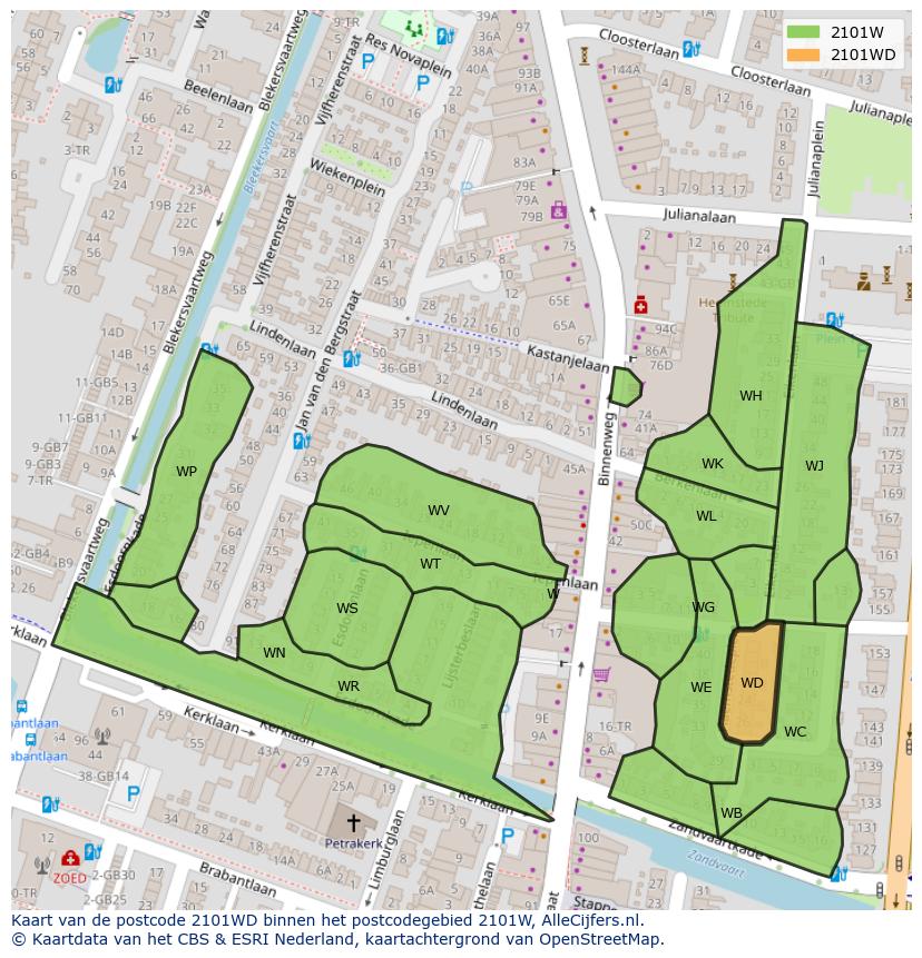 Afbeelding van het postcodegebied 2101 WD op de kaart.