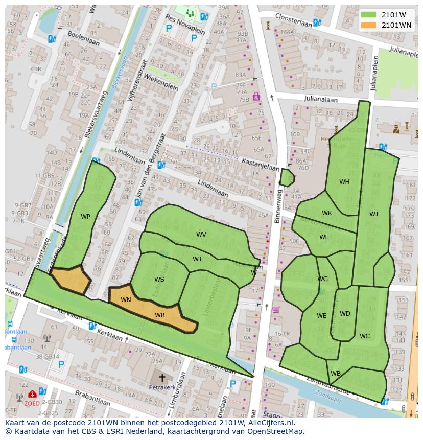Afbeelding van het postcodegebied 2101 WN op de kaart.