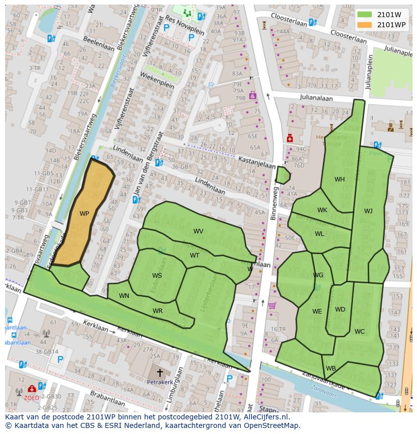 Afbeelding van het postcodegebied 2101 WP op de kaart.