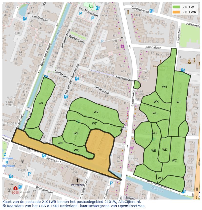 Afbeelding van het postcodegebied 2101 WR op de kaart.