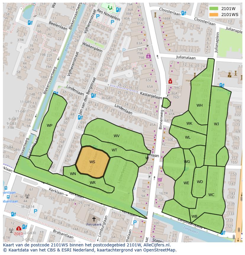Afbeelding van het postcodegebied 2101 WS op de kaart.