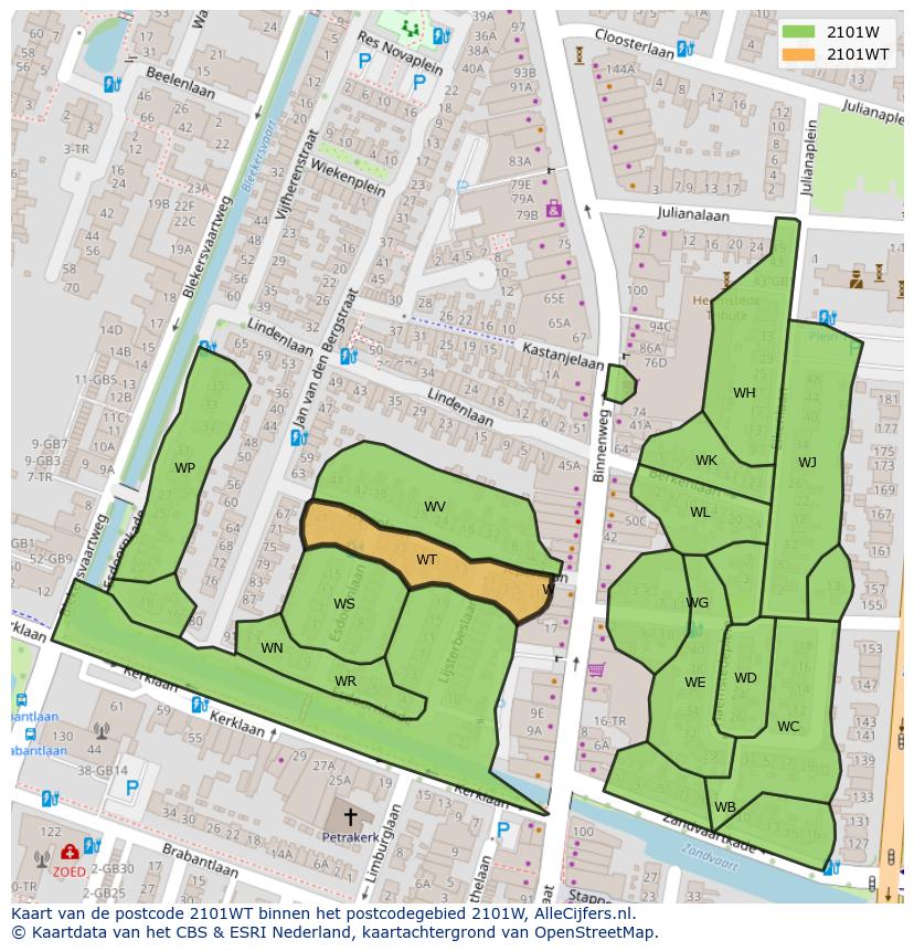 Afbeelding van het postcodegebied 2101 WT op de kaart.