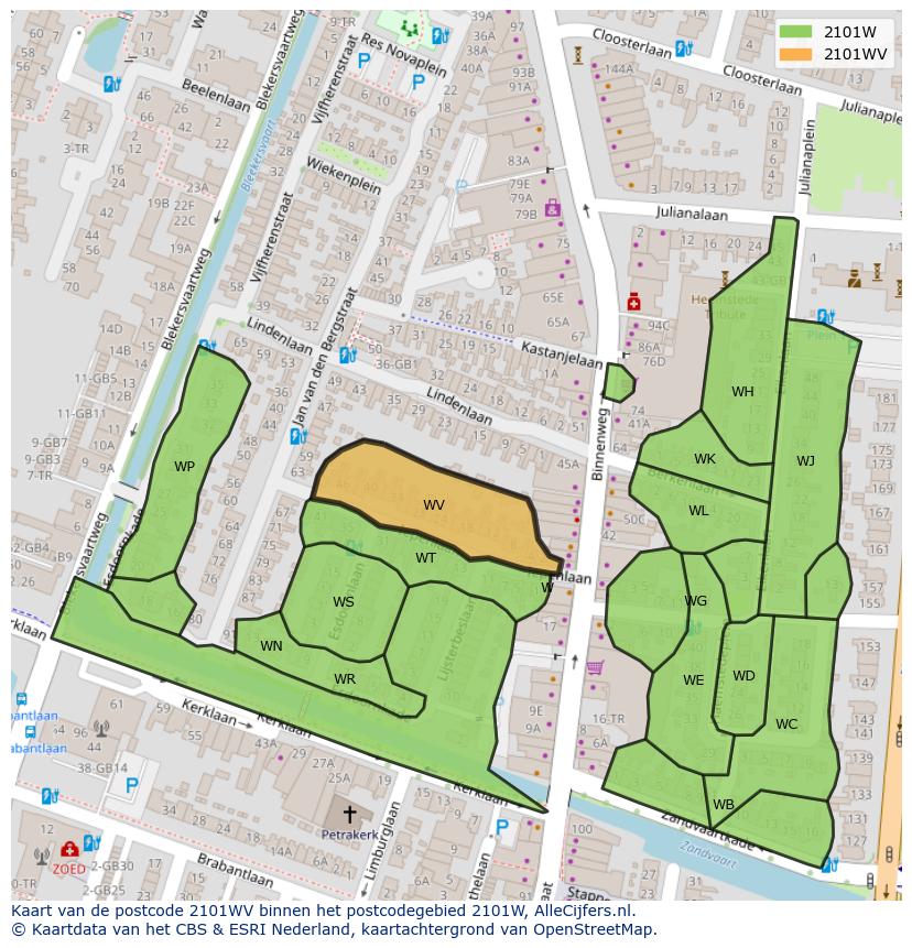 Afbeelding van het postcodegebied 2101 WV op de kaart.