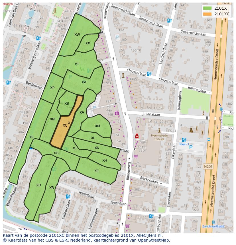 Afbeelding van het postcodegebied 2101 XC op de kaart.