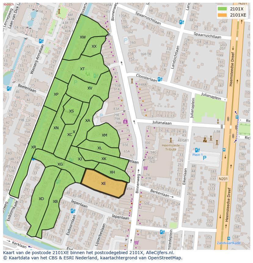 Afbeelding van het postcodegebied 2101 XE op de kaart.