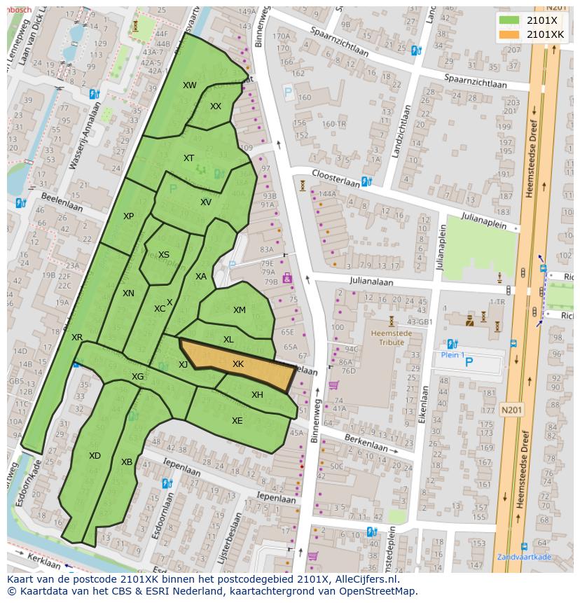 Afbeelding van het postcodegebied 2101 XK op de kaart.
