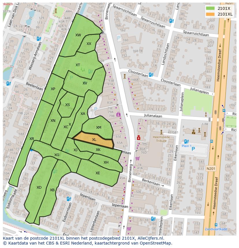 Afbeelding van het postcodegebied 2101 XL op de kaart.
