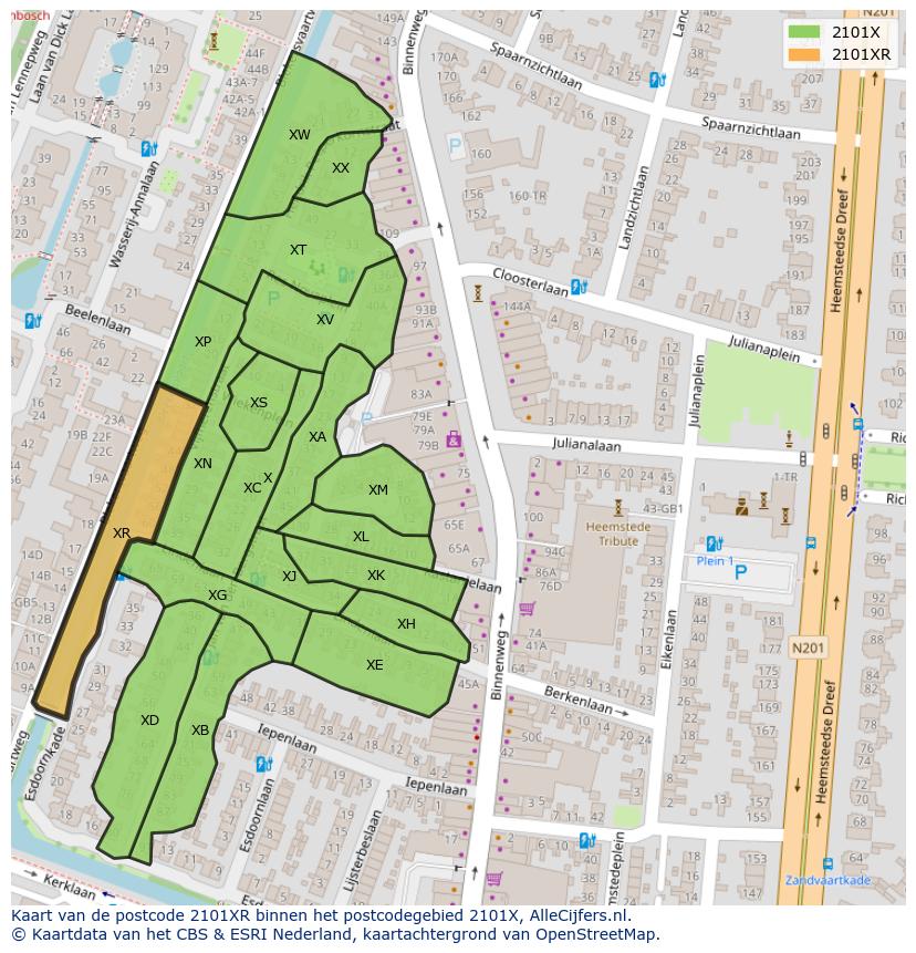 Afbeelding van het postcodegebied 2101 XR op de kaart.