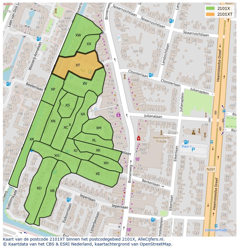 Afbeelding van het postcodegebied 2101 XT op de kaart.