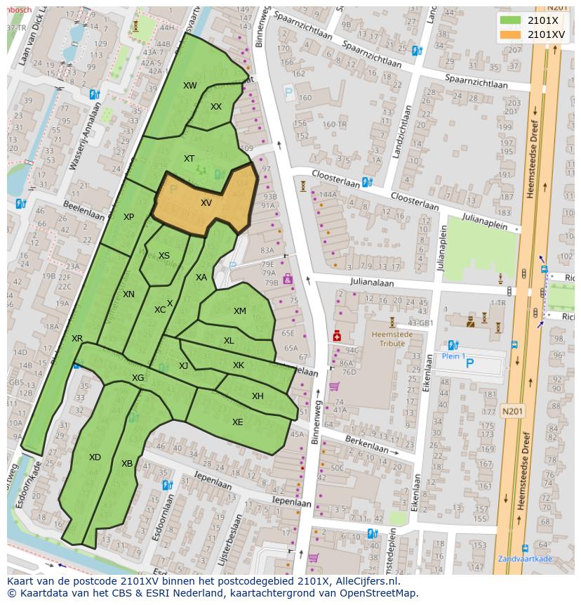 Afbeelding van het postcodegebied 2101 XV op de kaart.