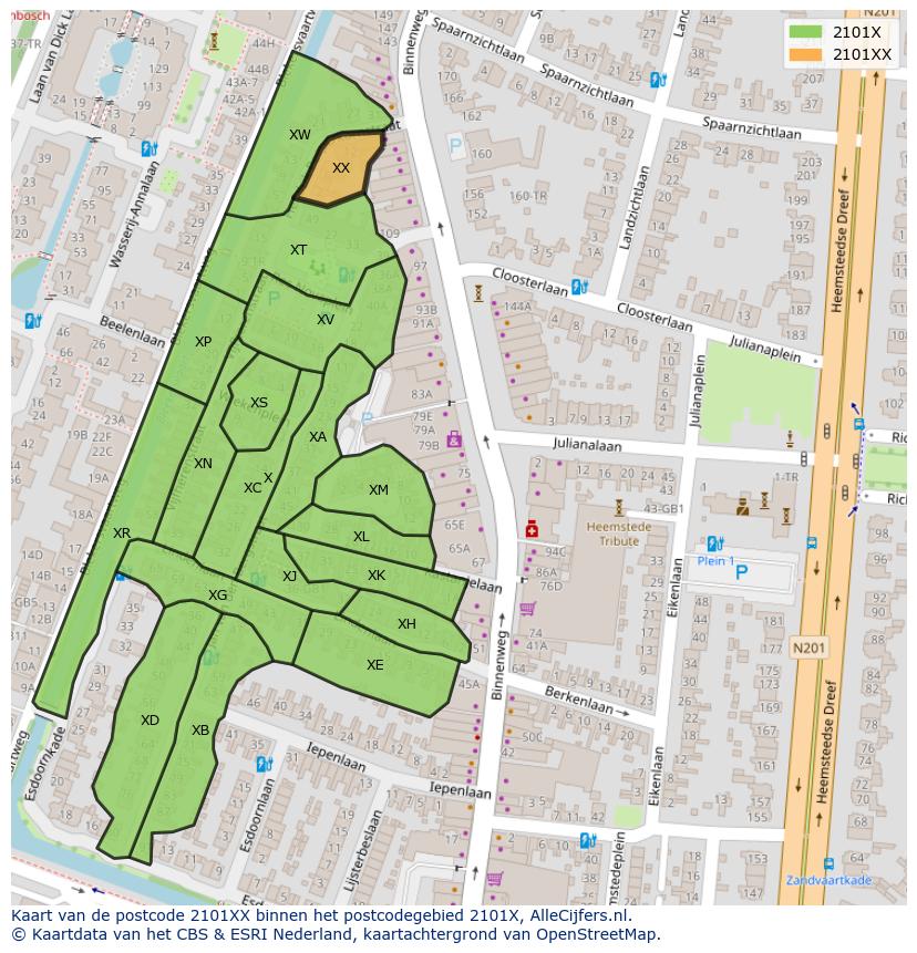Afbeelding van het postcodegebied 2101 XX op de kaart.