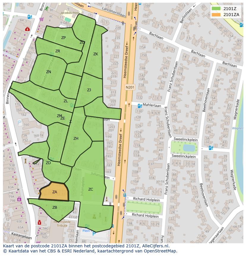 Afbeelding van het postcodegebied 2101 ZA op de kaart.