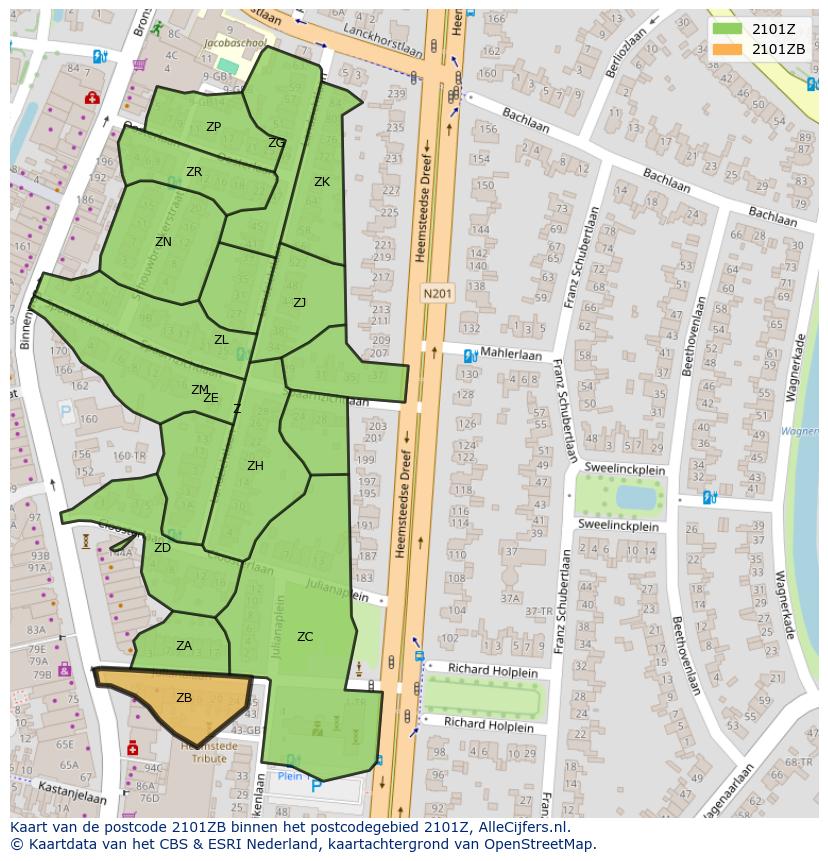 Afbeelding van het postcodegebied 2101 ZB op de kaart.