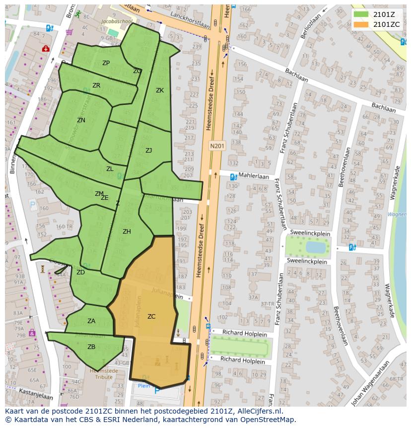 Afbeelding van het postcodegebied 2101 ZC op de kaart.