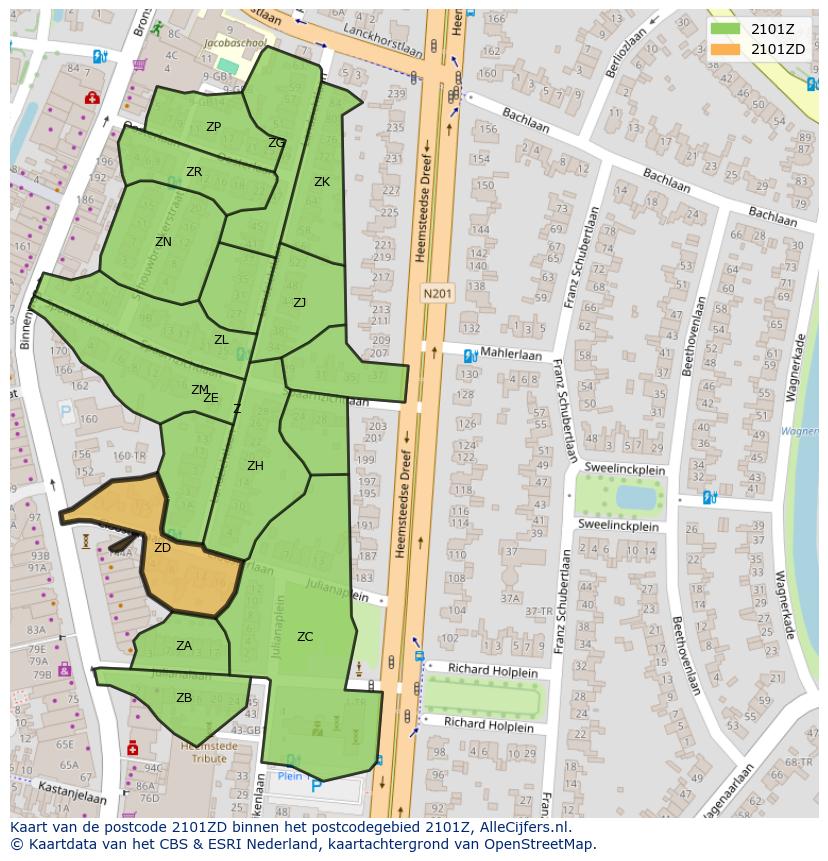 Afbeelding van het postcodegebied 2101 ZD op de kaart.