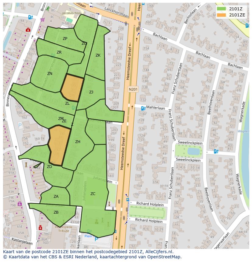 Afbeelding van het postcodegebied 2101 ZE op de kaart.