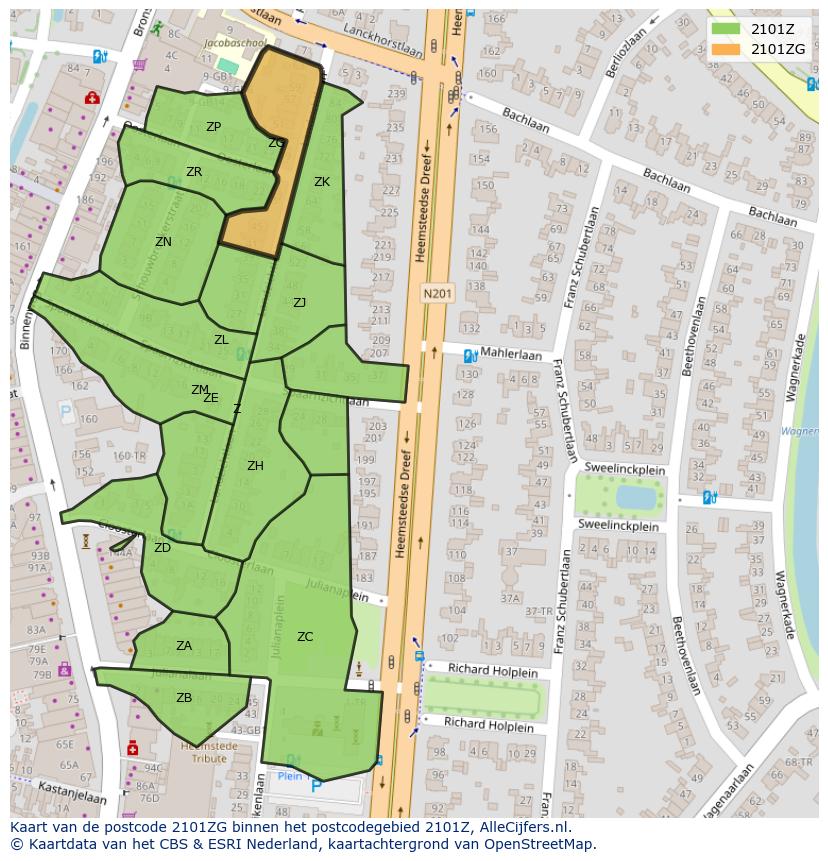 Afbeelding van het postcodegebied 2101 ZG op de kaart.